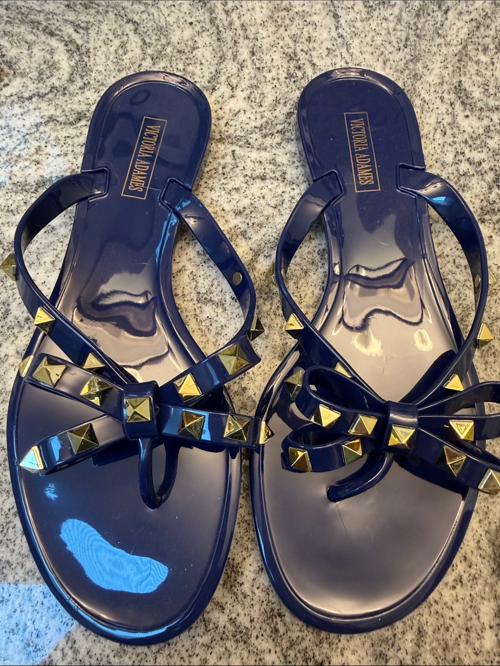 Victoria Adams Navy Bow Sandals with Gold Pyramid Studs